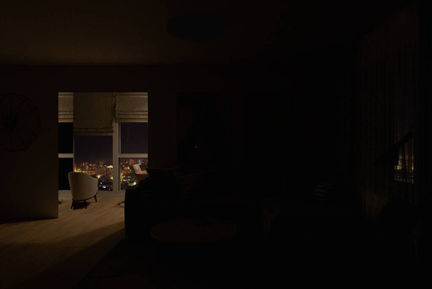 3D визуализация современного дизайна гостиной, свет в рабочей зоне - Фото, изображение