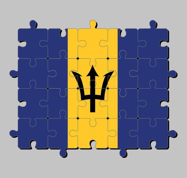 Quebra-cabeça de Barbados bandeira em tribanda de ultramarino e ouro com a cabeça de tridente preto na faixa de ouro. Conceito de realização ou perfeição.  - Vetor, Imagem