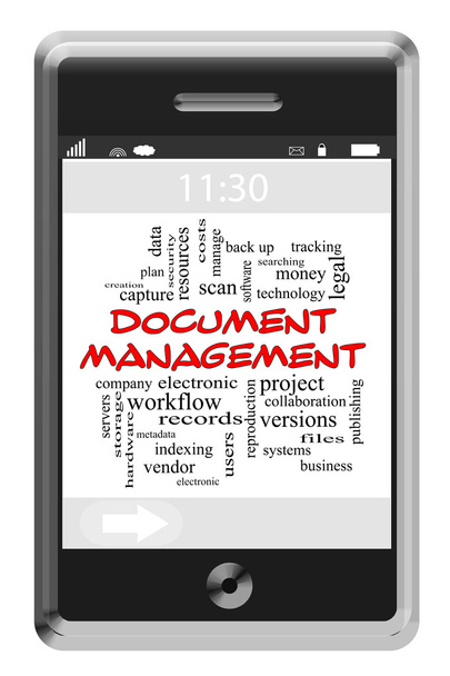 Document Management Word Cloud Concept on Touchscreen Phone - Photo, Image