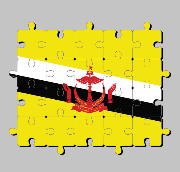 ブルネイのダルサラーム旗のジグソーパズルは、黒と白の斜線でカットされた黄色のフィールド上の赤いクレストに。完成又は完成の概念. - ベクター画像