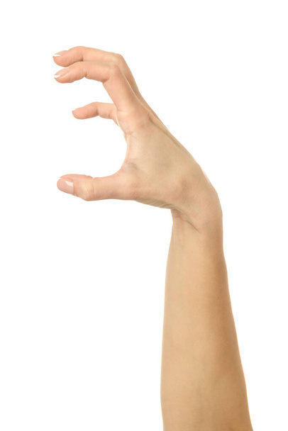 Τραβώντας, αρπάζοντας, φτάνοντας ή ξύνοντας. Γυναικείο χέρι με γαλλικό μανικιούρ gesturing απομονώνονται σε λευκό φόντο. Μέρος της σειράς - Φωτογραφία, εικόνα