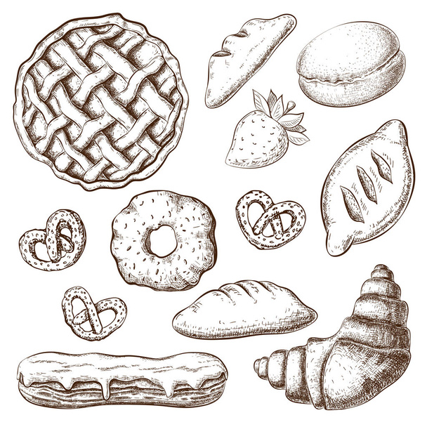 pastries sketch isolated on white. desserts graphics in vintage engraved style. cakes, croissant, eclair, buns, apple pie hand drawn set. bakery goods clipart for menu design, homemade pastry. - Foto, Bild