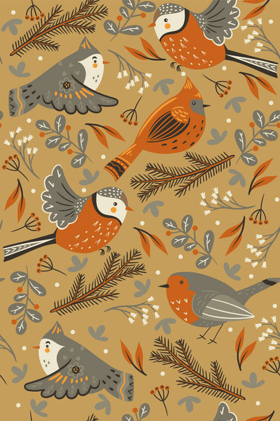 Seamless pattern with winter birds and floral elements. Vector image - Vector, Image