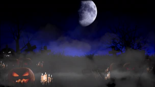 Fundo de Halloween Tombstones assustadores e abóboras contra Big Moon  - Filmagem, Vídeo