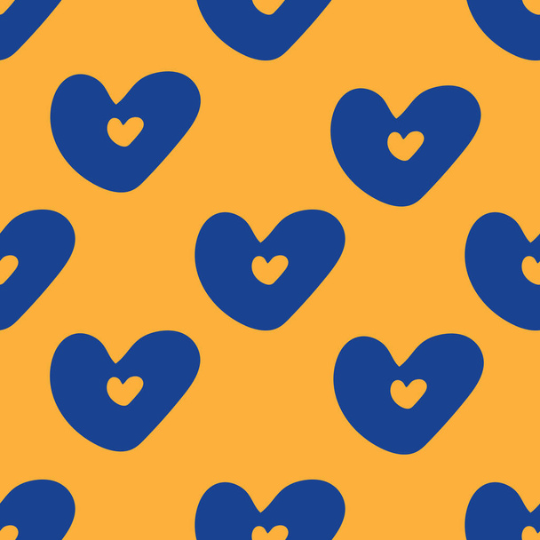 Christmas seamless pattern. Blue hearts on a yellow background. Seamless pattern. Vector illustration for fabric design, print for textile, wrapping, wed design, packaging, etc. - Vector, Imagen