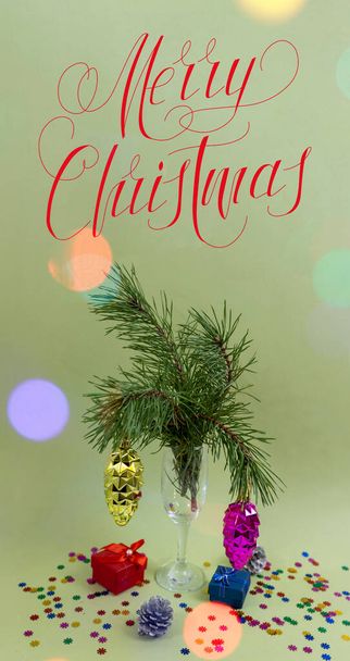 Merry Christmas and happy new year. Card, banner, flat lay, flyer, poster, greeting card with text - Merry Christmas. bokeh effect - Fotó, kép