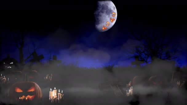 Halloween háttér háttér hátborzongató sírkövek és tök ellen Big Moon  - Felvétel, videó