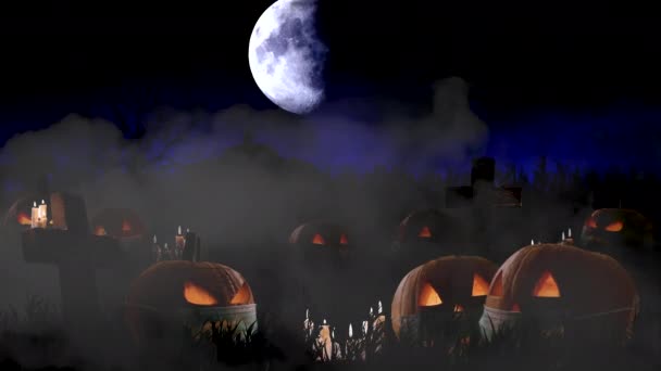 Halloween achtergrond griezelige pompoenen dragen gezicht maskers tegen heldere maan - Video