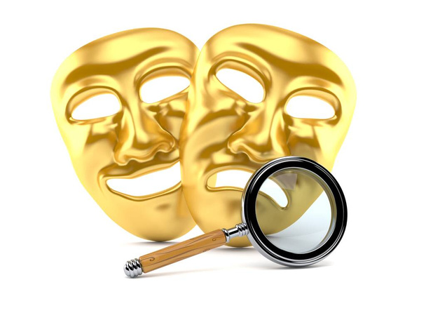 Theater Masks with magnifying glass isolated on white background. 3d illustration - Photo, Image