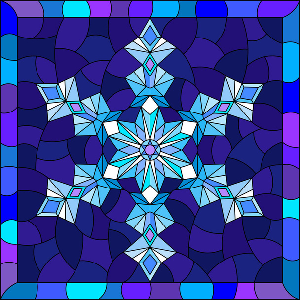 青い背景に透かし彫りの雪片が描かれたステンドグラスのイラスト、明るいフレームに正方形のイメージ - ベクター画像