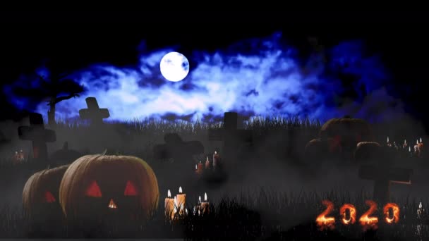 Halloween achtergrond pompoenen met kaarsen en grafstenen tegen de nachtelijke hemel - Video