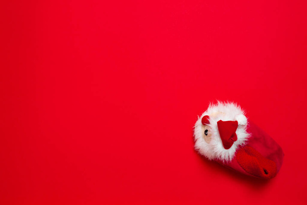 One New year, Christmas slipper in form of santa claus with white soft fur on red background with place for text. Funny, cozy, fluffy children shoe. Warm and original gift for the winter holidays. - Fotoğraf, Görsel