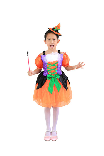 Funny face asian little kid girl in halloween costume isolated on white background. Full length. - Foto, afbeelding