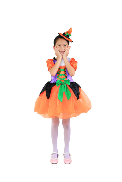 Portrait asian little kid girl in halloween costume isolated on white background. - Photo, Image