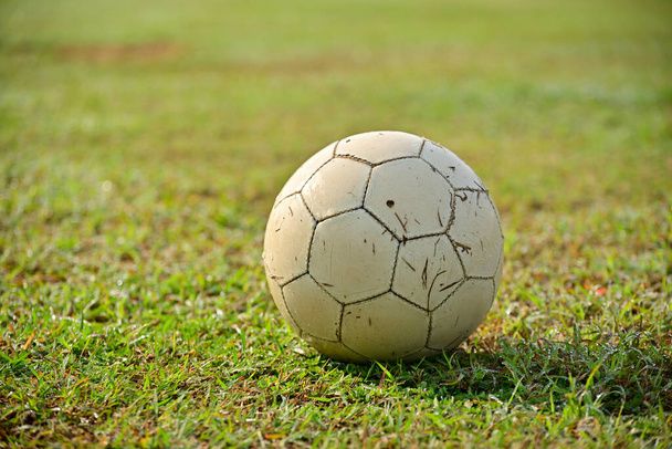 緑の芝生サッカー場のサッカーボール - 写真・画像