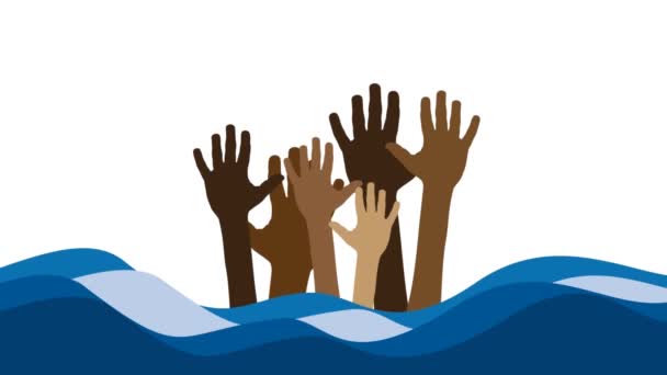 Ruce trosečníků v mořských vlnách žádají o pomoc. 2D animace. Záběry klipu 4k - Záběry, video