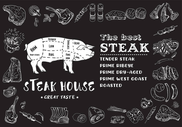 Steak menu voor restaurant en cafe. Voedselflyer. Design lay-out met vintage belettering en doodle met de hand getekend grafische pictogrammen. Vector. - Vector, afbeelding