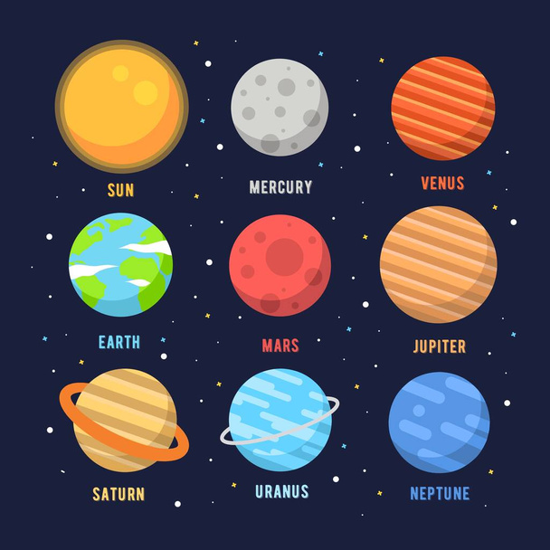 Karanlık uzay arka planında Güneş Sistemi gezegenleri için vektör gezegen ikonu seti. cıva, venüs, toprak, mars, jupiter, saturn, uranus, neptün, ay, yıldızlar ve güneş. - Vektör, Görsel
