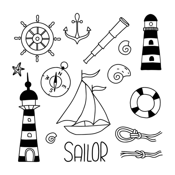 Harfleri olan denizci simgeleri. El çizimi vektör çizgisi çizimi. Set deniz fenerleri, deniz düğümleri, pusula, dürbün, çapa, dümen, can simidi, gemi ve mermilerden oluşuyor.. - Vektör, Görsel