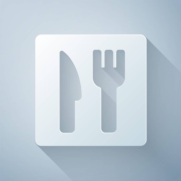 Paper cut Cafe and restaurant location icon isolated on grey background. Fork and spoon eatery sign inside pinpoint. Paper art style. Vector.. - Vector, Image