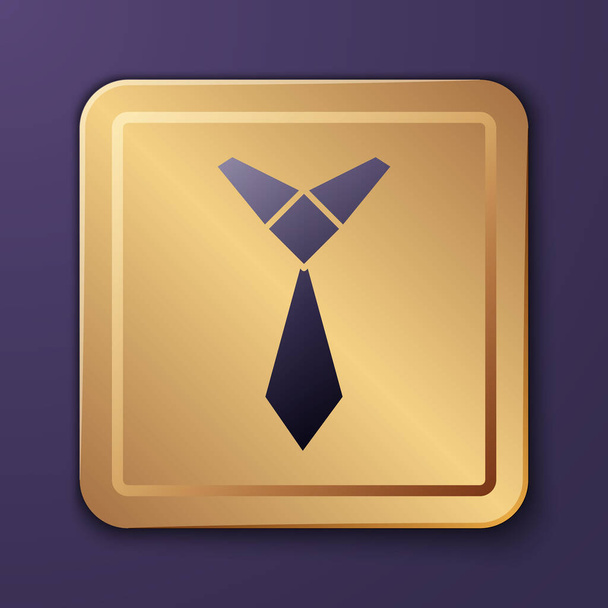 Icono de lazo púrpura aislado sobre fondo púrpura. Símbolo de corbata y paño. Botón cuadrado dorado. Vector. - Vector, Imagen