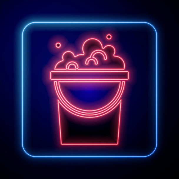 Glowing neon Bucket with soap suds icon isolated on blue background. Bowl with water. Washing clothes, cleaning equipment.  Vector. - Vector, Image