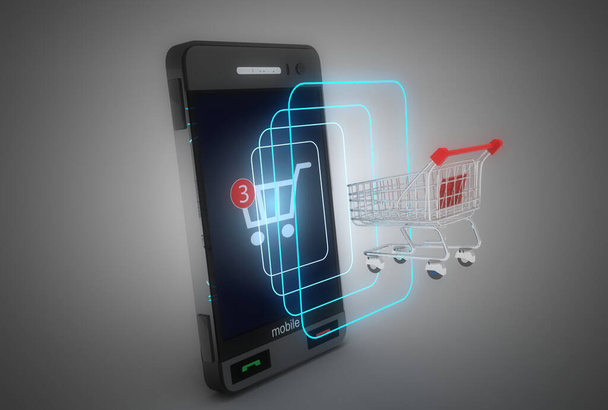 Concept de magasinage en ligne 3D. ordinateur portable smartphone et chariot. Illustration 3d
 - Photo, image