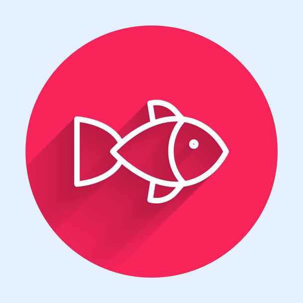 Weiße Linie Fisch-Symbol isoliert mit langem Schatten. Roter Kreis Knopf. Vektor. - Vektor, Bild