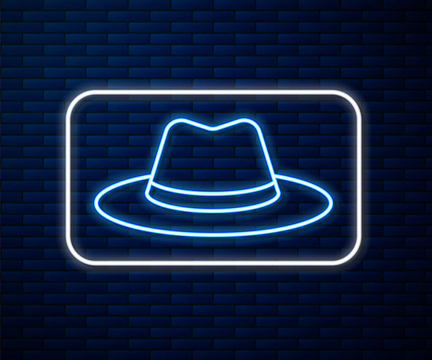 Glowing neon line Western cowboy hat icon isolated on brick wall background.  Vector. - Vector, Image