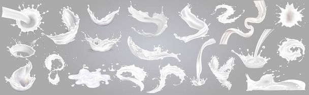 3d vettore spruzzi di latte e versando set, grande collezione. Modello vettoriale di onda spruzzata di latte. 3d insieme vettoriale realistico. illustrazione - Vettore. - Vettoriali, immagini