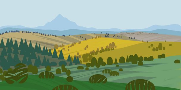 Fondo vectorial de hermoso paisaje con colinas verdes, campos y prados, fondo en estilo plano de dibujos animados - ilustración de paisaje poligonal. - Vector, imagen