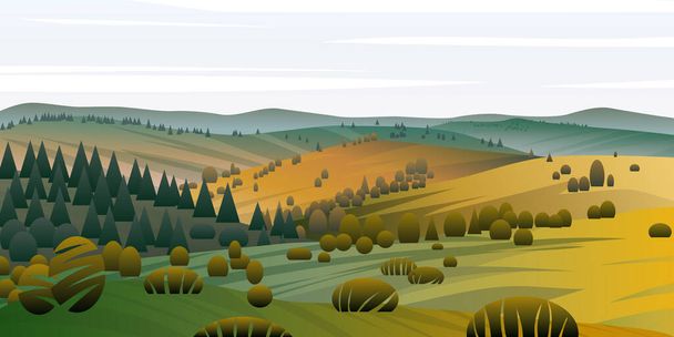 Fondo vectorial de hermoso paisaje con colinas verdes, campos y prados, fondo en estilo plano de dibujos animados - ilustración de paisaje poligonal. - Vector, Imagen