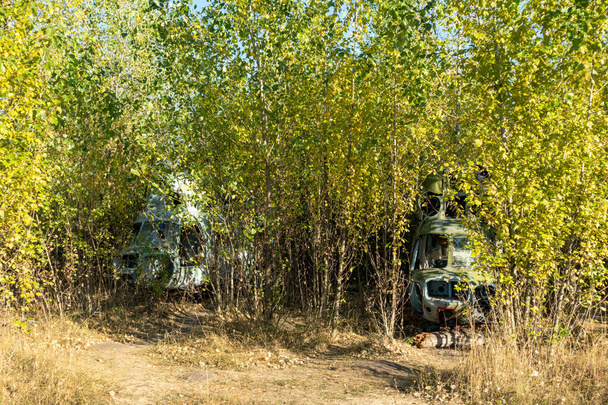 El Mil Mi-2 es un pequeño helicóptero de transporte con turbina ligeramente armado abandonado en el matorral verde en el antiguo campo de la base aérea, la aviación permanece en Vovchansk, Ucrania - Foto, imagen