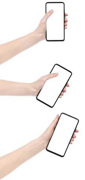 Κολάζ γυναίκα χέρι κρατώντας το μαύρο νέο smartphone με λευκή οθόνη απομονώνονται λευκό φόντο. ρυθμίστε τα γυναικεία χέρια χρησιμοποιώντας τη διαδρομή απόληξης τηλεφώνου - Φωτογραφία, εικόνα