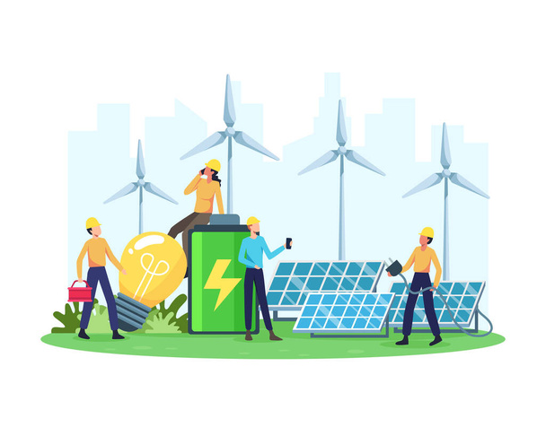 Ilustracja wektora Koncepcja energii odnawialnej. Elektrownia odnawialna z panelami słonecznymi i turbinami wiatrowymi. Czysta energia elektryczna z odnawialnych źródeł słońca i wiatru. Wektor w płaskim stylu - Wektor, obraz