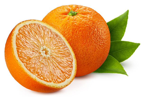 Whole orange fruit with half an orange, composition decorated with green citrus leaves. Orange isolated on white background. Orange with clipping path - Fotoğraf, Görsel