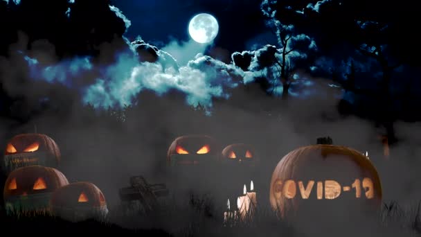Halloween pozadí coronavirus strašidelné dýně se svíčkami proti noční obloze - Záběry, video