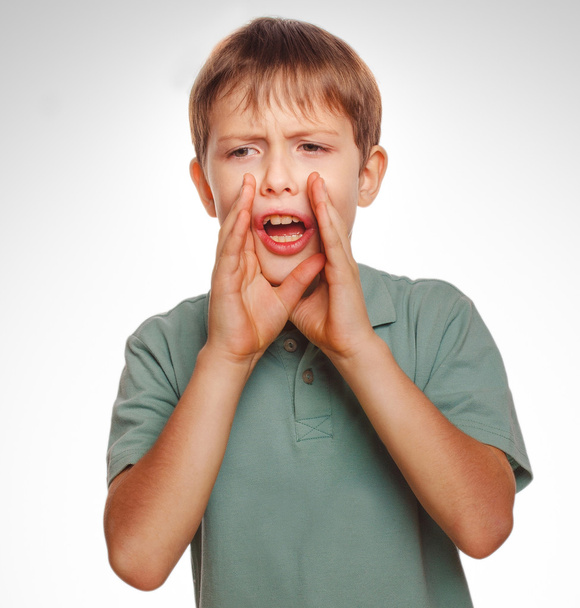 Calling boy kids cries shouts teenager opened his mouth isolated - Fotografie, Obrázek