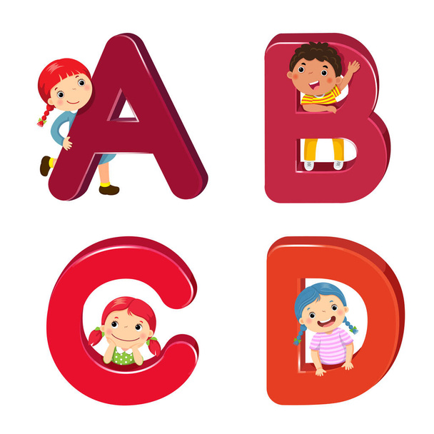 Cartoon kinderen met ABCD letters - Vector, afbeelding