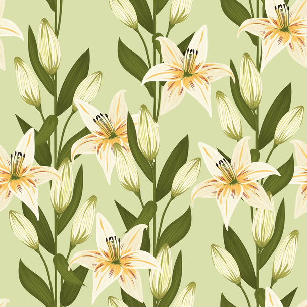 Vintage flowers and leaves. A bouquet of lilies. Seamless patterns. Pastel colors. Isolated vector illustrations. - Вектор,изображение