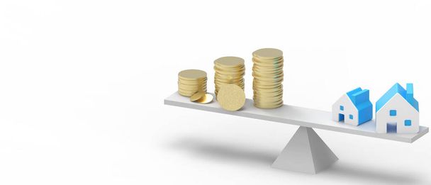 Papier Huisvesting en gouden munten Concept voor de vastgoedindustrie ladder.investment en geïsoleerd op witte achtergrond.Stack Of Money On The Scale - 3d rendering - Foto, afbeelding