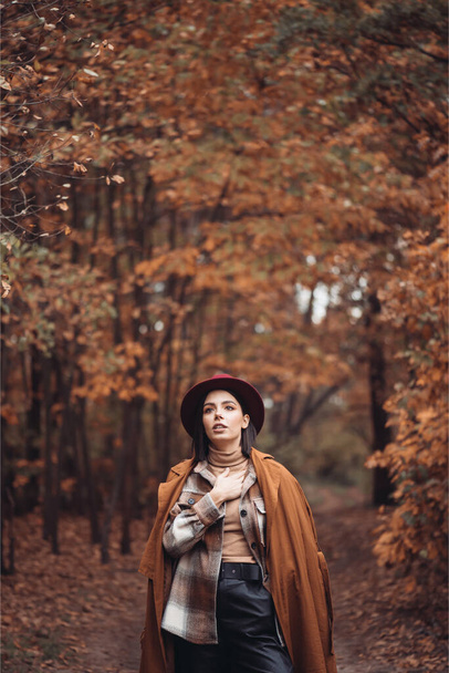 Красивая элегантная женщина, стоящая в парке осенью - Фото, изображение