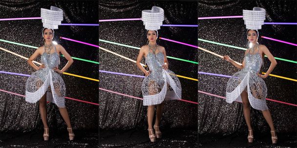 Teljes hossz test portré ázsiai transznemű nő kabaré karnevál Fancy tükör tükrözik ezüst ruha ruha ruha fej fölé Sötét háttér profil forgatás három kollázs - Fotó, kép