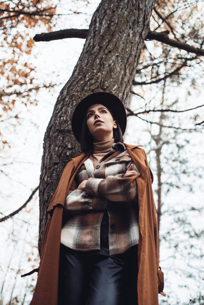 乾燥した秋の森の中でファッショナブルな服を着た若い女性 - 写真・画像