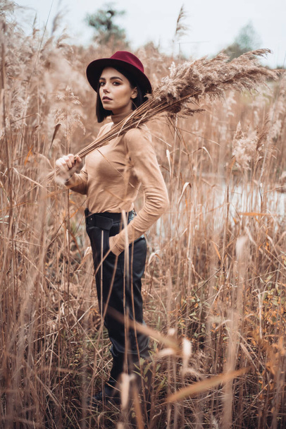 乾いた草と秋の風景の中に若い美しい女性の屋外ファッション写真。ニットセーター、ワイン口紅。暖かい秋. - 写真・画像