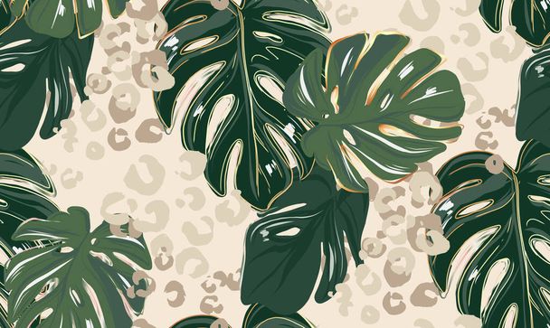 Leopard pattern, animal print seamless design greenery leaves jungle print. Monstera leaf clipart, Leopard natural pattern, cheetah safari decoration. Exotica fabric pattern, floral textile decor - Vector, Image