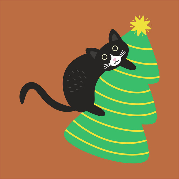 Η τρελή μαύρη γάτα σκαρφάλωσε στο χριστουγεννιάτικο δέντρο. Χριστουγεννιάτικη κάρτα. Εικονογράφηση διανύσματος Doodle. - Διάνυσμα, εικόνα
