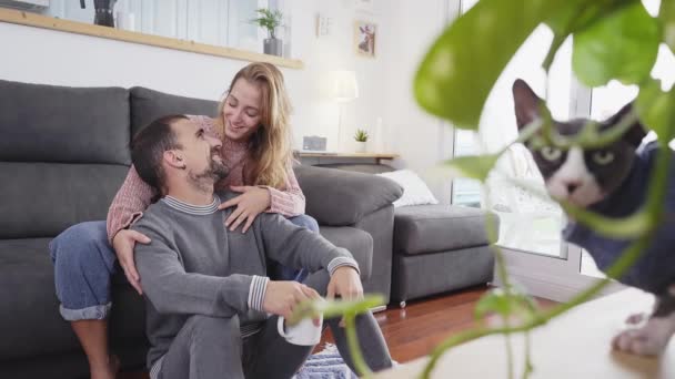 Ein glückliches junges Paar entspannt sich lachend bei einem Tee auf der Couch im Wohnzimmer. Im Vordergrund eine Sphinx-Katze. - Filmmaterial, Video