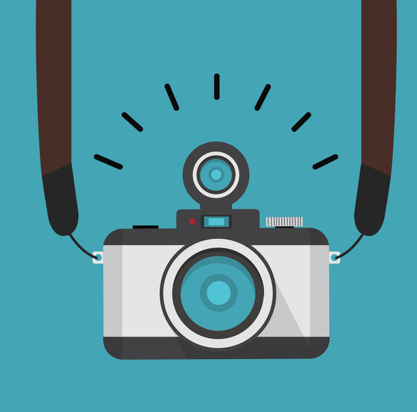 retro photo camera  with strap flat style - Vector, Image