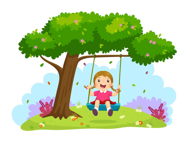 Happy child girl laughing and swinging on a swing under the tree - Vector, Image